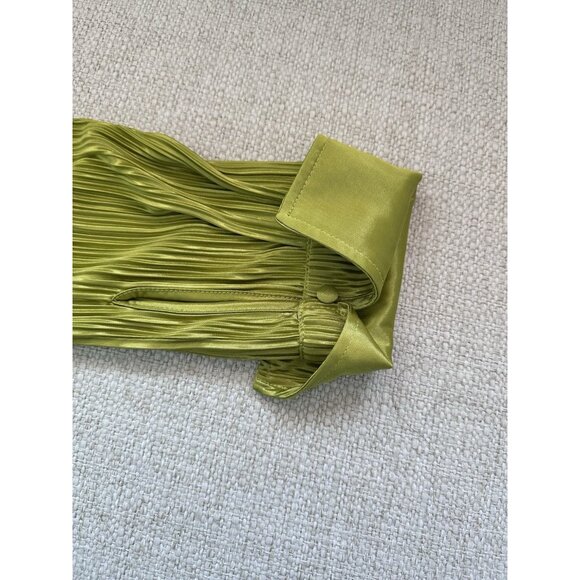 Good American Blouse Shirt Women's Green Kiwi Pleated Long Sleeve Size 1/2 NWT - Picture 10 of 10